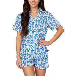 Womens Monkey Pajamas Set 2 Piece Button Down medium Shorts Set blue